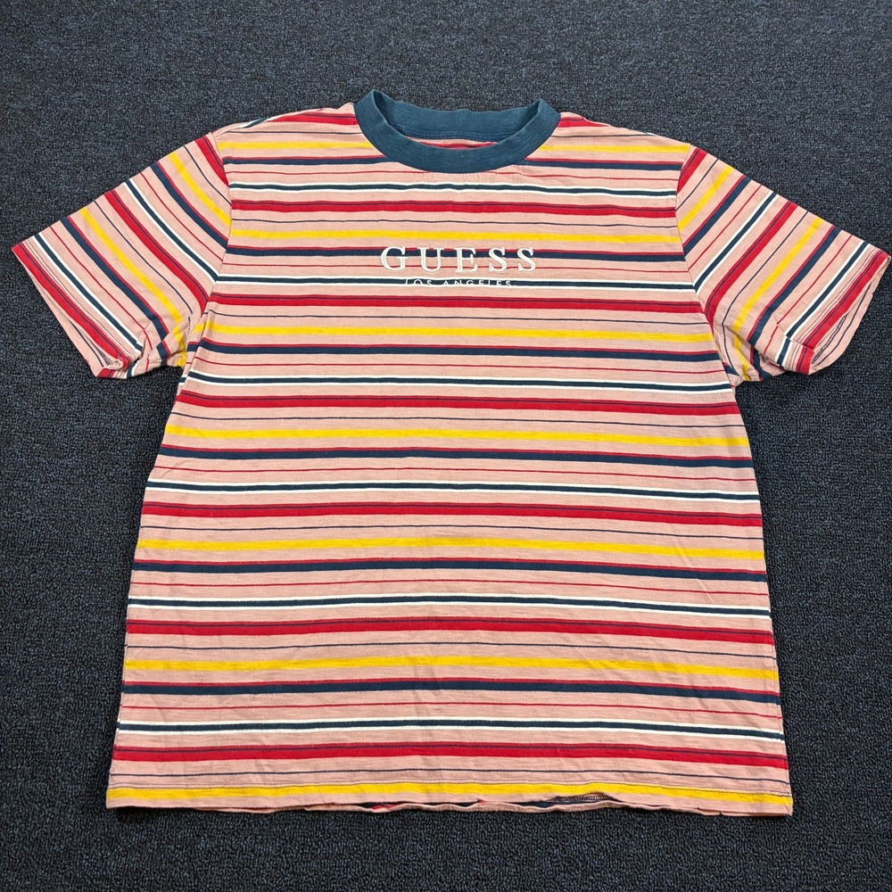 Guess Originals Striped T-Shirt Mens Large Retro Embroidered Logo Pink Vintage
